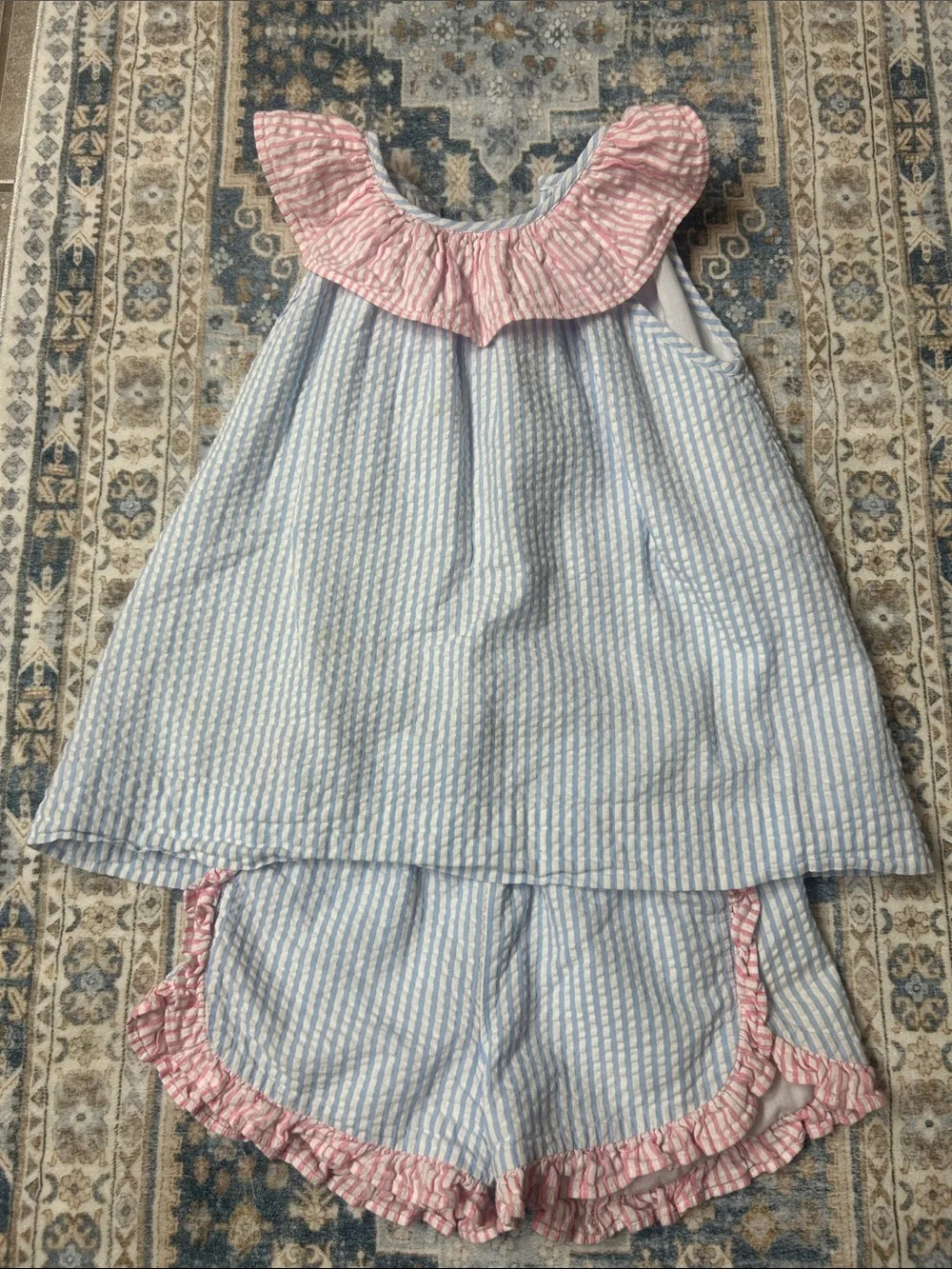 Girls' Blue & Pink Striped Ruffle Set